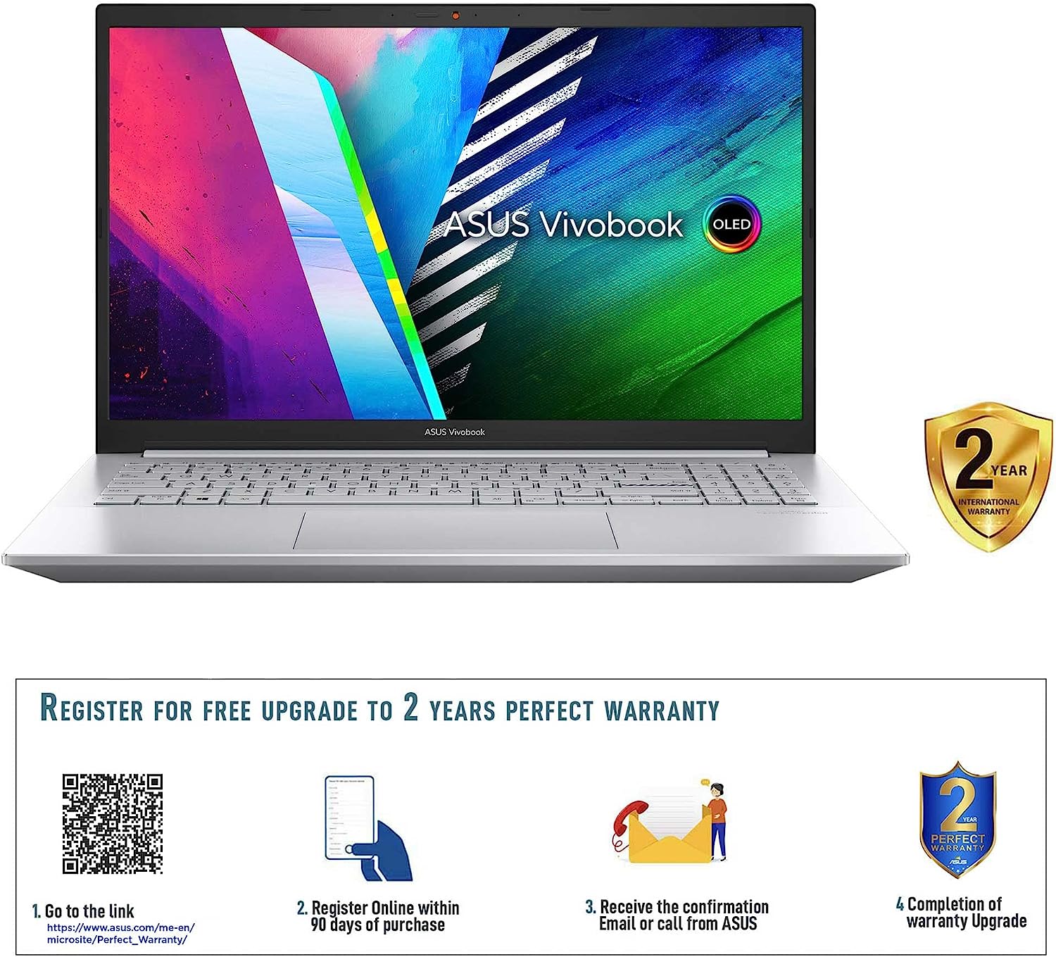 ASUS Vivobook Pro 15 M3500QC-OLED1R5W Cool Silver Creator Laptop, R5 5600H 8GB 512GB PCIE SSD, NV RTX3050, 4GB VRAM, WIN11 HOME, 15.6-inch FHD 1920X1080 OLED, Backlit-Eng-Arb-KB