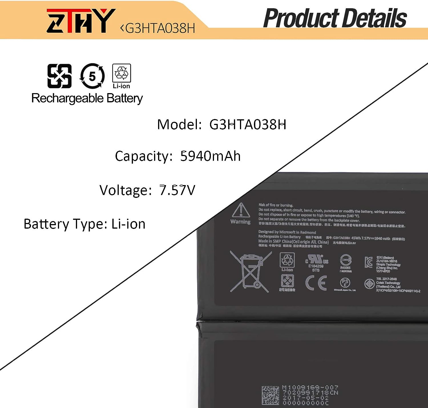 Laptop Battery Compatible with Microsoft Surface Pro 5 1796 Series Laptop DYNM02 2(1ICP4/52/108+1ICP4/45/114)-2 7.57V 45Wh 5940mAh